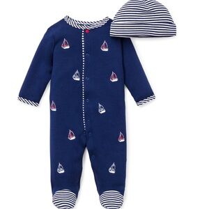 Little Me “Sailboats” Footed One-Piece and Coordinating Hat Set, Size 3M